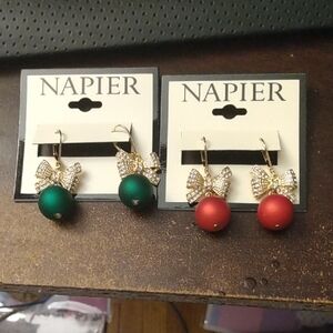 Napier Gold Bow Dangle Earrings with Red and Green Accents